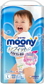 Подгузники-трусики Moony L  (от 9 до 14 кг) для мальчиков 44шт Япония