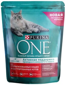 Корм сухой для взрослых кошек PURINA ONE с высоким содержанием говядины и пшеницей, для стерилизованных и кастрированных, 750г Россия, 750 г