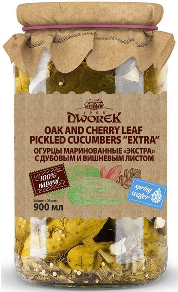 Огурцы Dworek маринованные экстра с дубовым и вишневым листом 860г